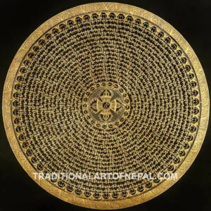 Tibetan mandala with the Yin Yang symbol in the center and the mantra of compassion all around