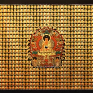 mandala thangka of thousand Buddhas in gold and black background