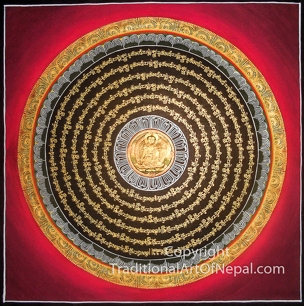 Red & Gold Buddha Mantra Mandala | traditionalartofnepal