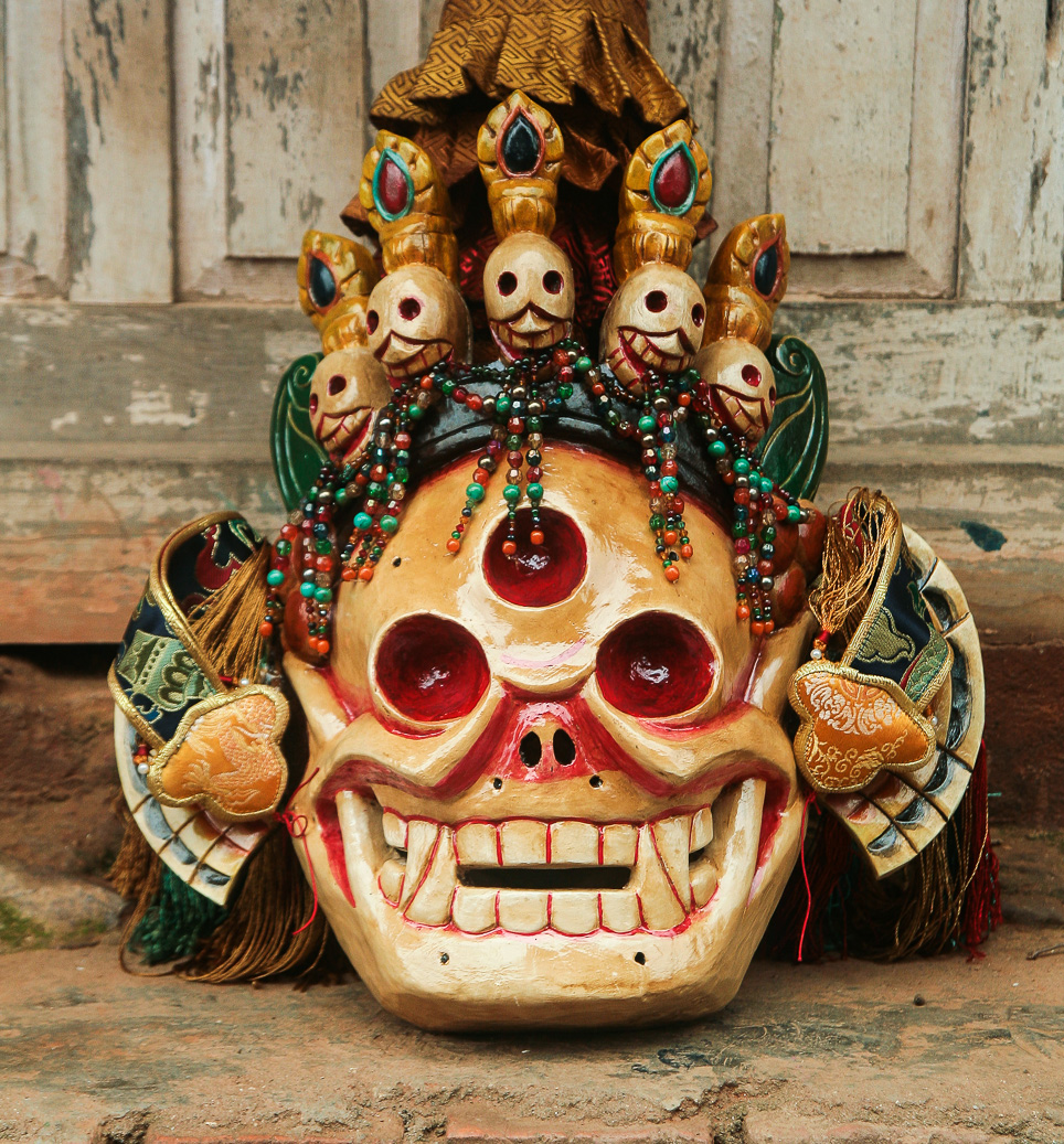 5.5" Tibet Buddhism Turquoise gilt sword skull Mahakala Mask statue 