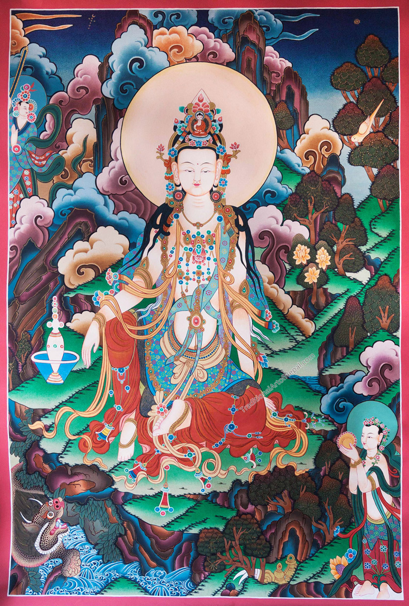 Tibet Collectable Silk Hand Painted Guanyin & Little Boy Painting Thangka 