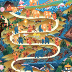 Thangka painting depicting the stages of Tibetan Buddhist Samatha meditation represented by a monk chasing an elephant