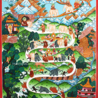 thangka painting depicting a monk chasing an elephant representing the nine stages of the calm abiding meditation known as Samatha