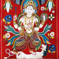 painting of the Goddess Durga stainding on a lion and holding different weapons and ritual objects