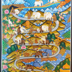 Traditional Buddhist painting of a monk chasing an elephant and encountering on the way up a monkey and a rabbit