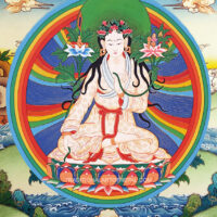 Thangka painting of the Tibetan Lama Yuton Yontan Gompo surrounded by a rainbow