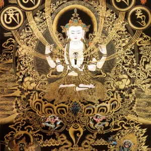 Black and gold thangka of the Bodhisattva Avalokitesvara with the letters of the mantra of compassion Om Mani Padme Hum
