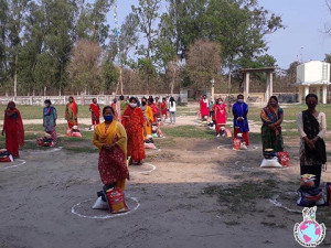 Women receiving food for their family