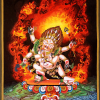 White Mahakala surrounded by flames depicted in a modern Newari painting