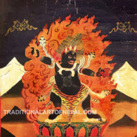 thangka of a wrathful form of Guru Rinpoche wearing a tiger skin holding a vajra and a scorpion